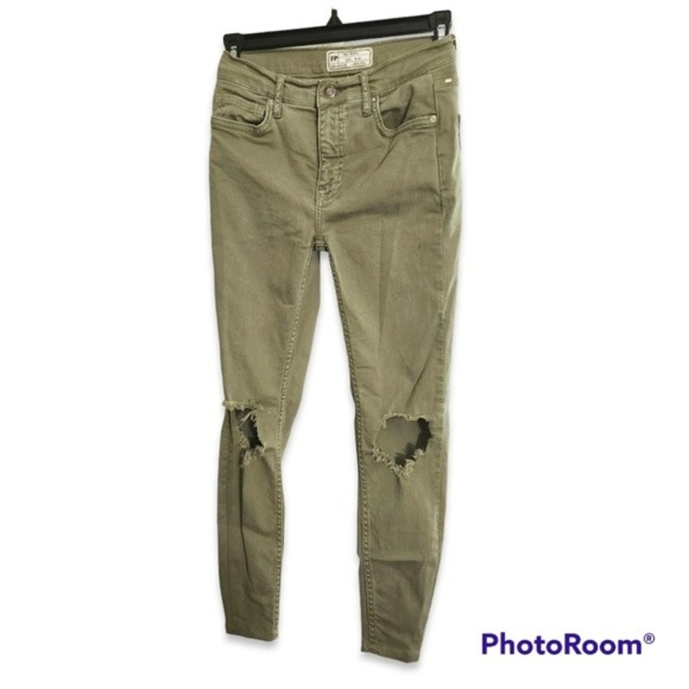 Free People Distressed Olive Army Green High Rise High Waisted Jeans Size 26